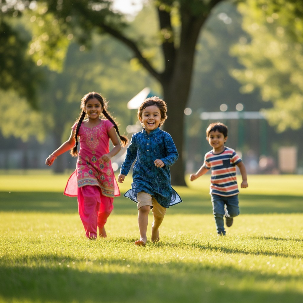 Joyful Indian kids run in a park, captured with continuous focus. Ideal for dynamic child photography and action shots of playful children.