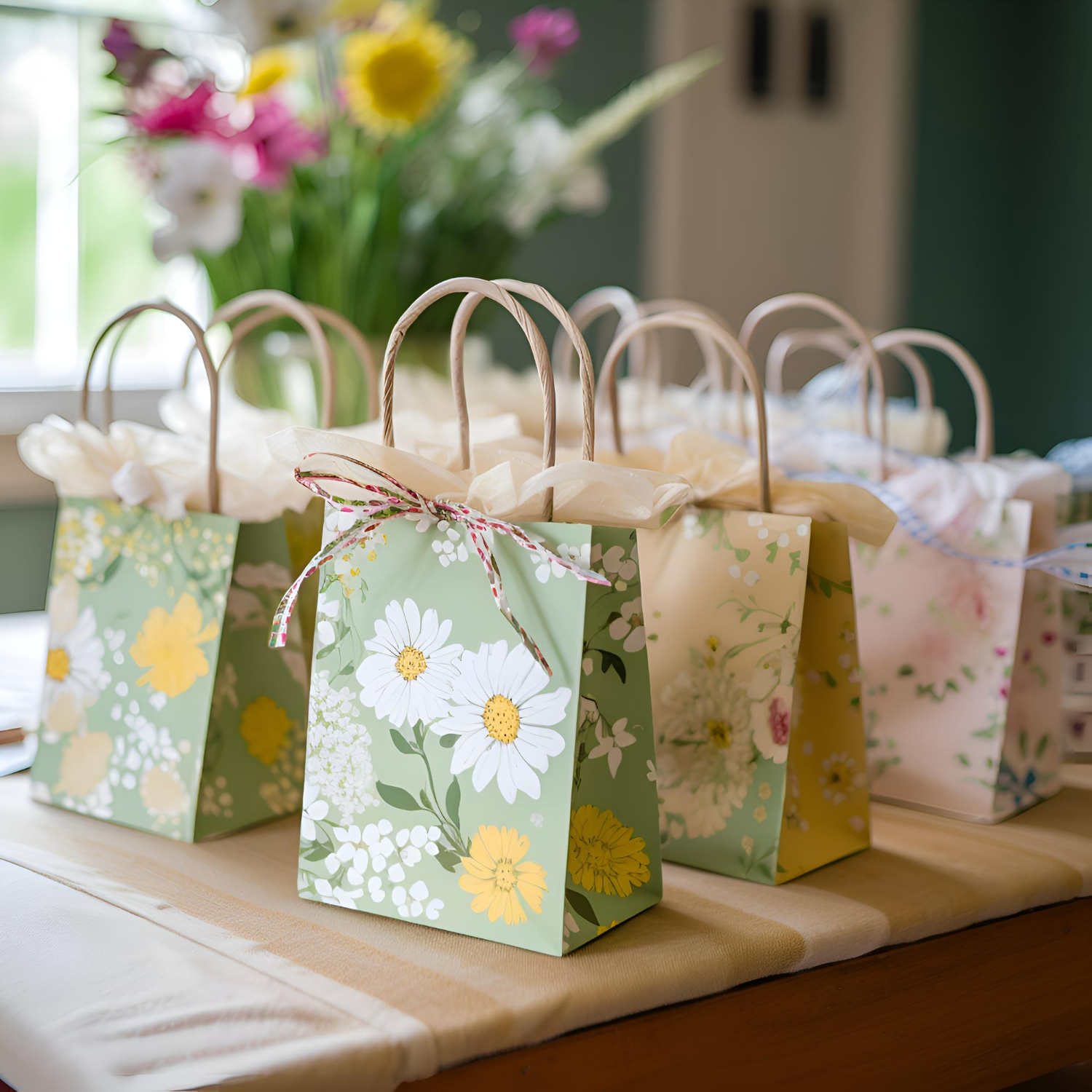 Floral gift bags for a baby shower on a table, with fresh flowers in the background