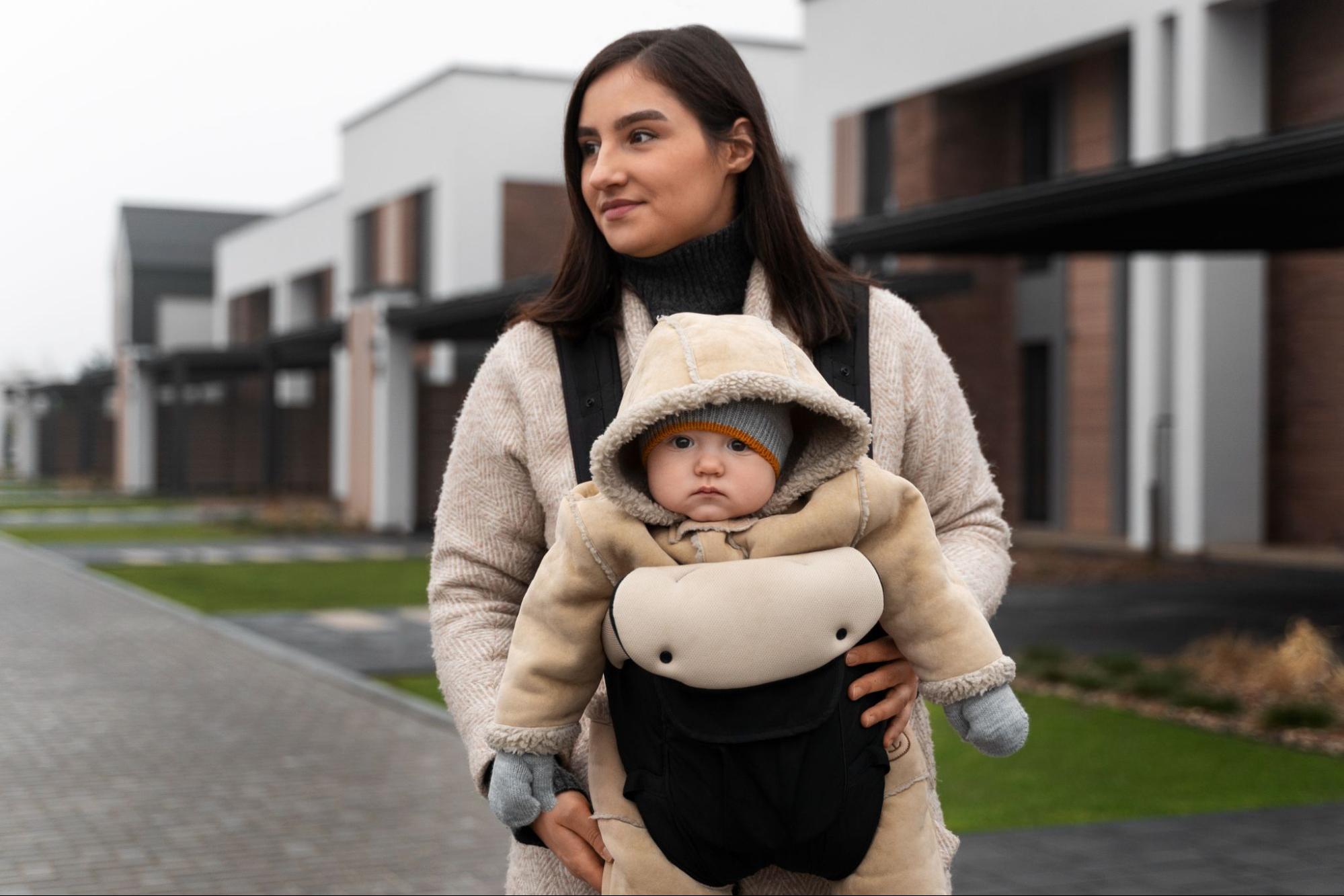 Mother using a baby carrier for a walk, a practical baby shower gift idea