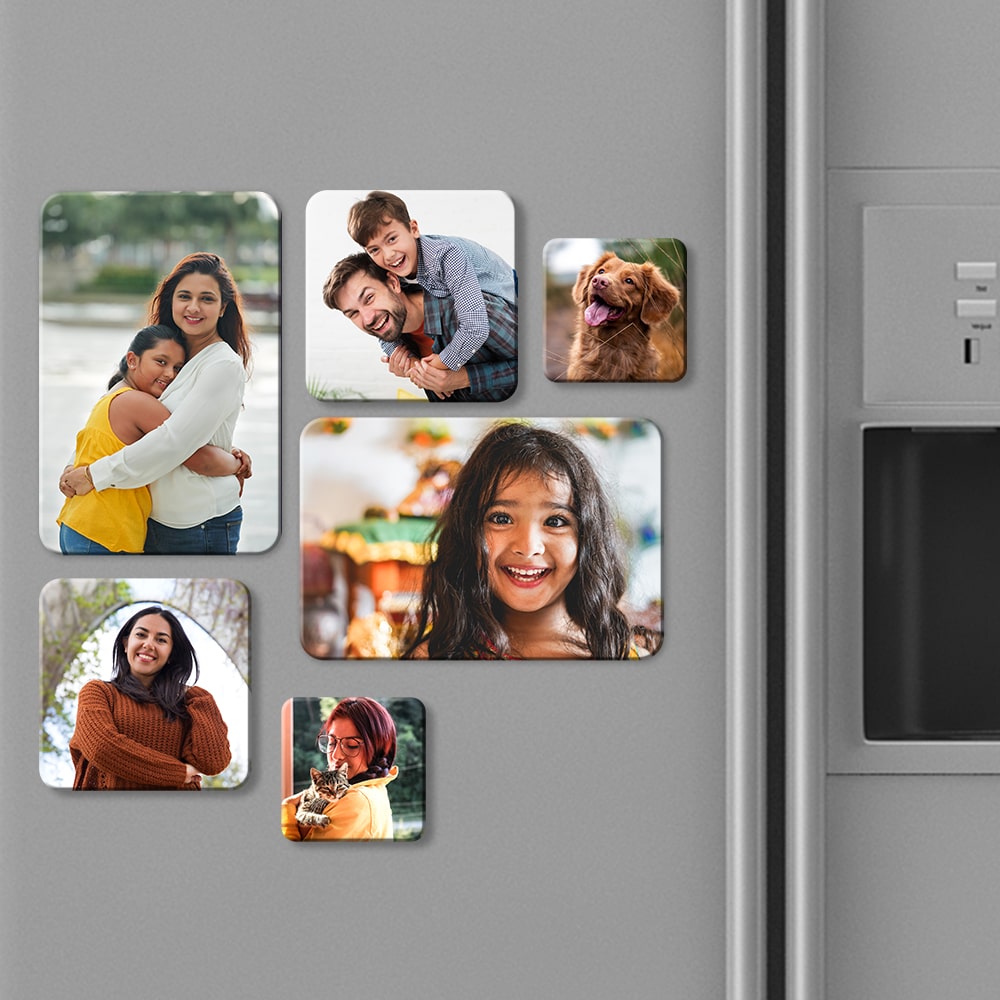 Custom photo magnets featuring family and pet memories, displayed on a fridge, for Valentine's Day