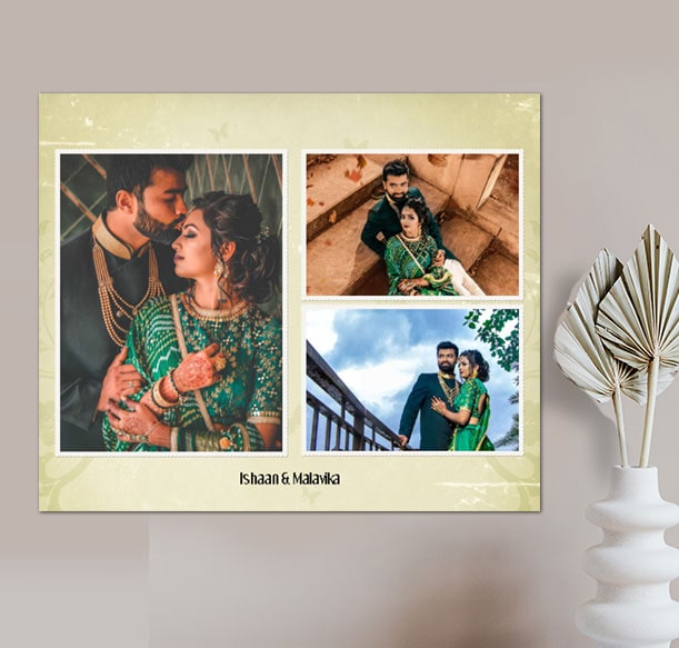 Elegant collage poster with romantic couple's photos, named 'Ishaan & Malavika', next to a vase.