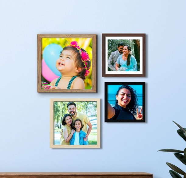 Framed photo collection on wall featuring joyful family moments, suitable for Valentine's Day