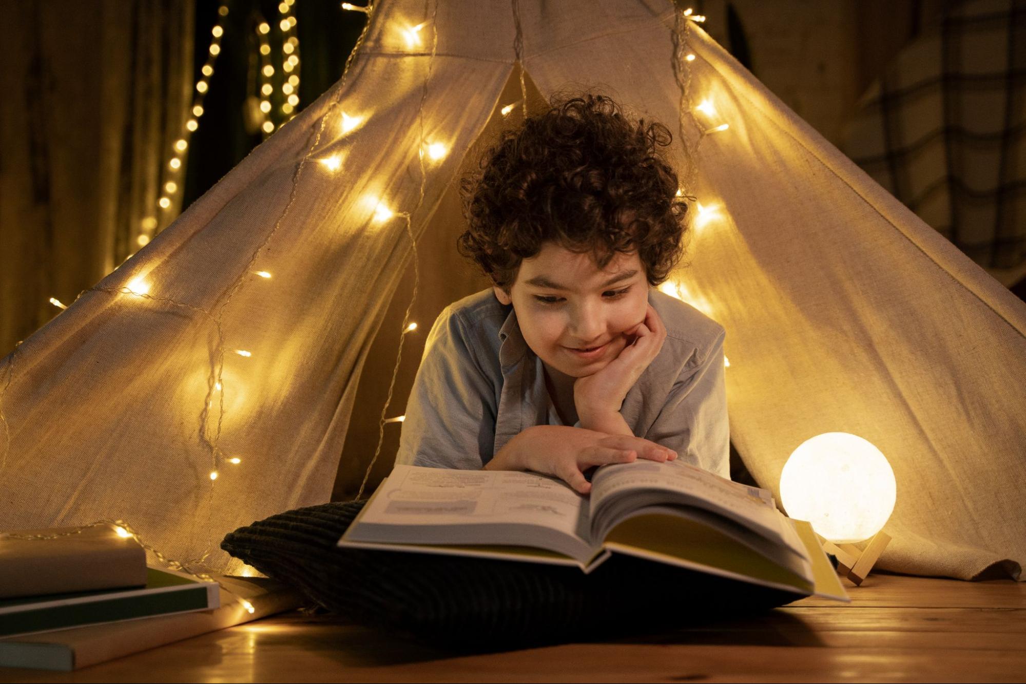Children enjoying story time with colorful picture books in a cozy setting