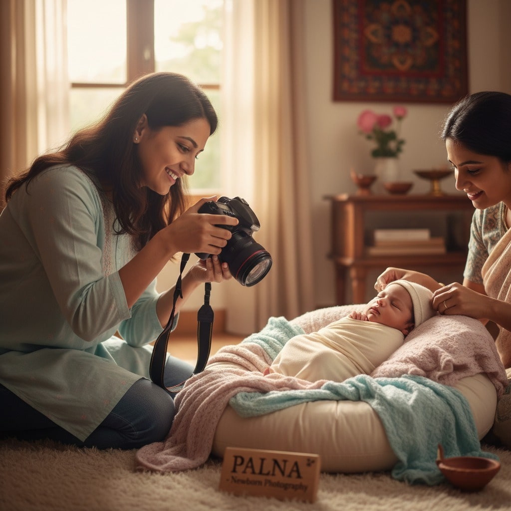 Indian parent safely photographing a newborn baby at home using a DSLR camera with a neck strap, ensuring baby comfort and safety on a soft blanket under natural light.