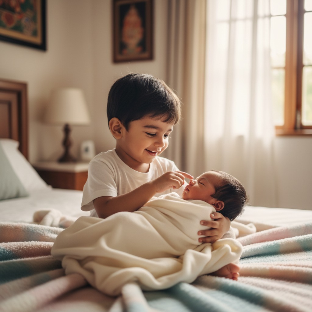 Indian toddler holding newborn baby during sibling photoshoot at home, captured in natural light for a heartwarming newborn baby photoshoot in India.