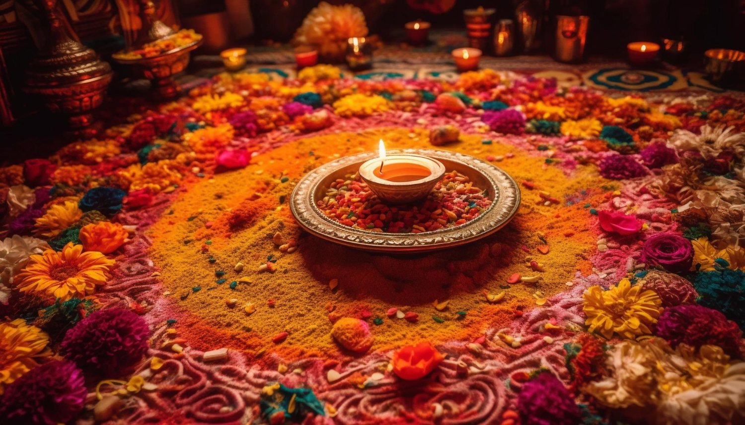 Rangoli Magic: Vibrant Diwali decorations with intricate rangoli designs.