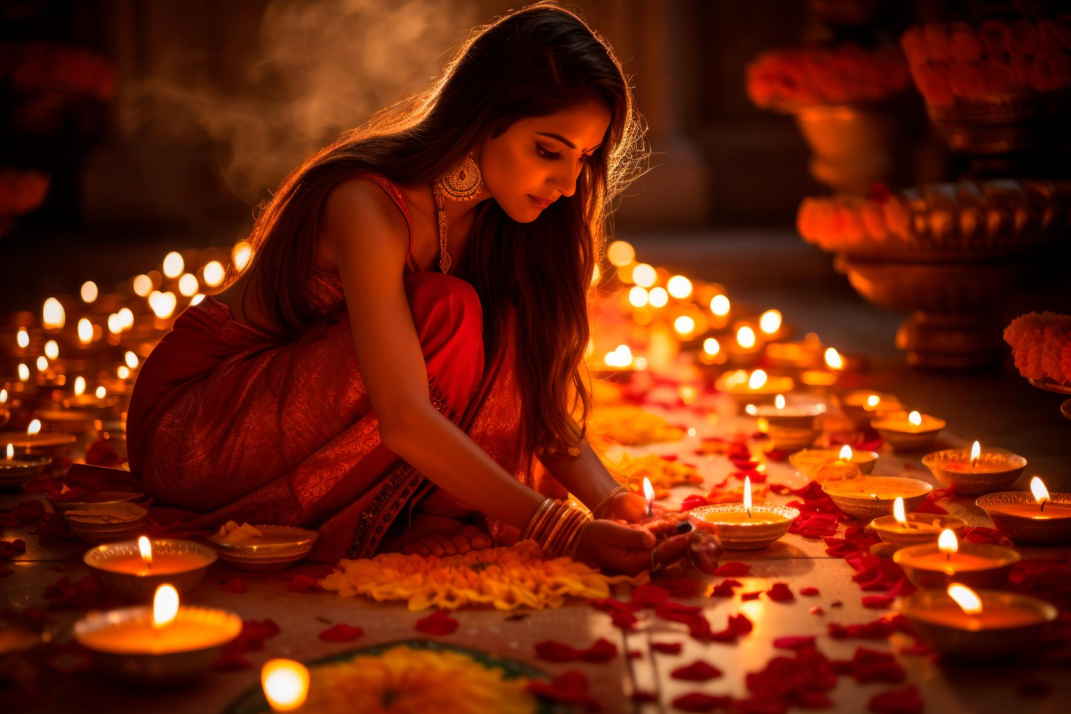 Traditional Diyas & Candles: Warm Diwali ambiance with traditional lighting.