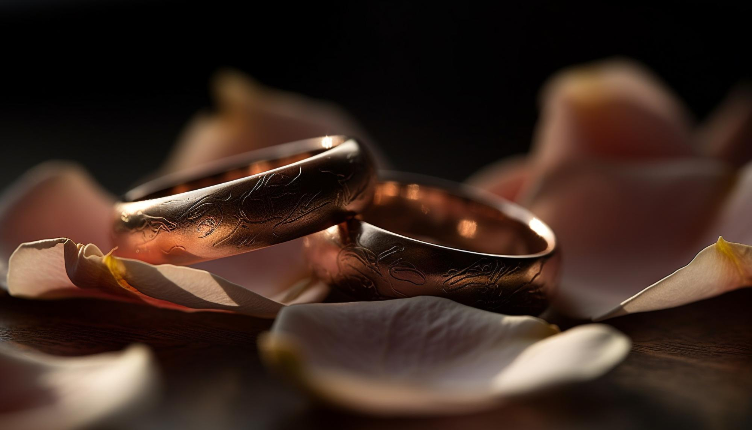 Personalized wedding rings on a table adorned with petals, perfect for anniversary gifts for couples