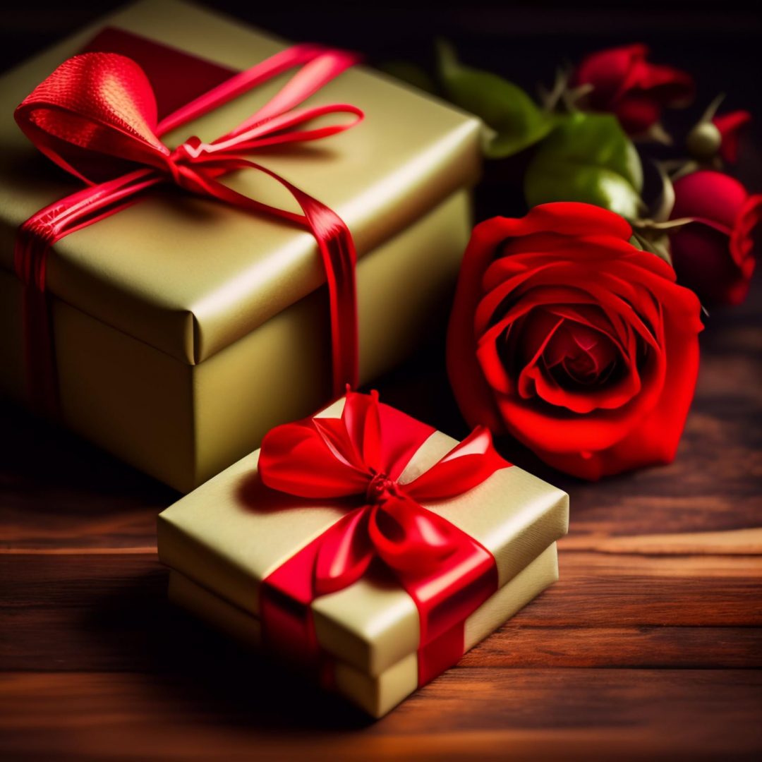 Elegant gift boxes adorned with red ribbon and roses, placed on a wooden background. Perfect for unique marriage anniversary gifts for couples