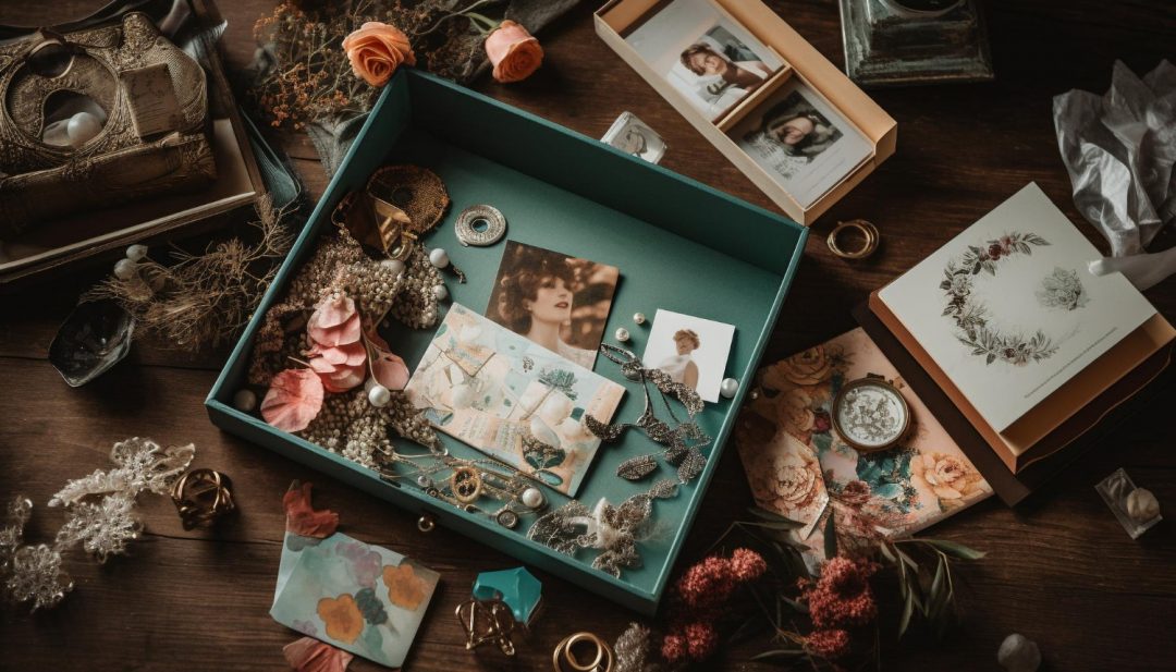 A table with a box of photos, flowers, and other items. Perfect for unique photo frame gift ideas