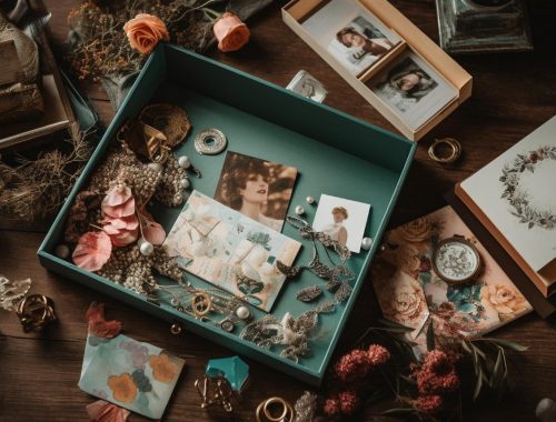 A table with a box of photos, flowers, and other items. Perfect for unique photo frame gift ideas
