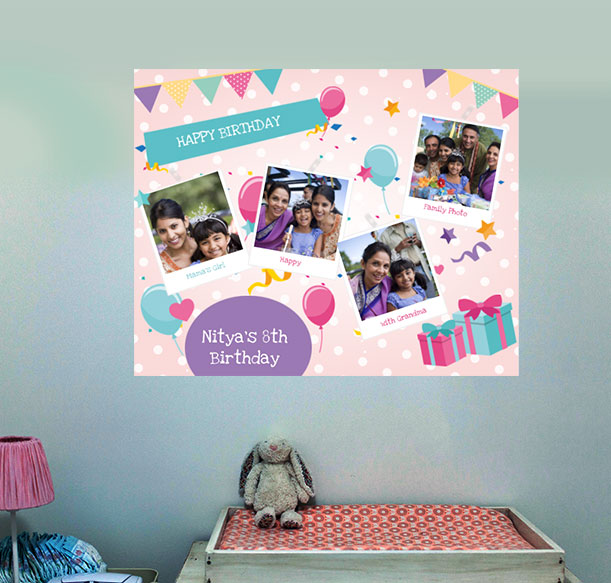 A Polaroid collage frame captures a baby's birthday party on a wall - a memorable keepsake