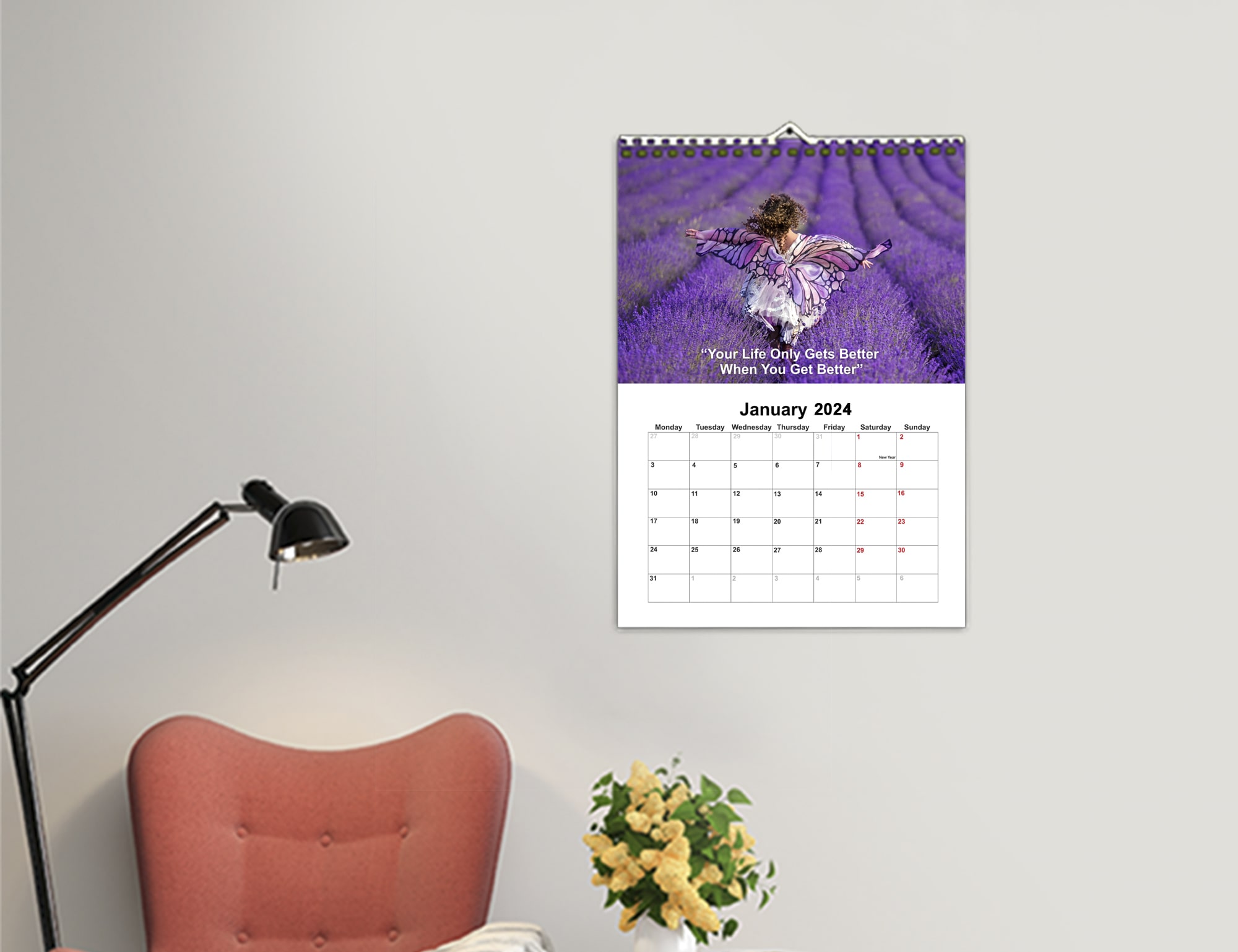 Wall Calendar with woman in lavender field promoting eco-friendly printing.