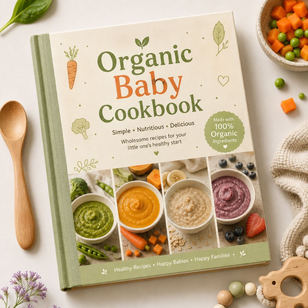 Colorful organic baby cookbook, a perfect baby shower gift idea for new parents
