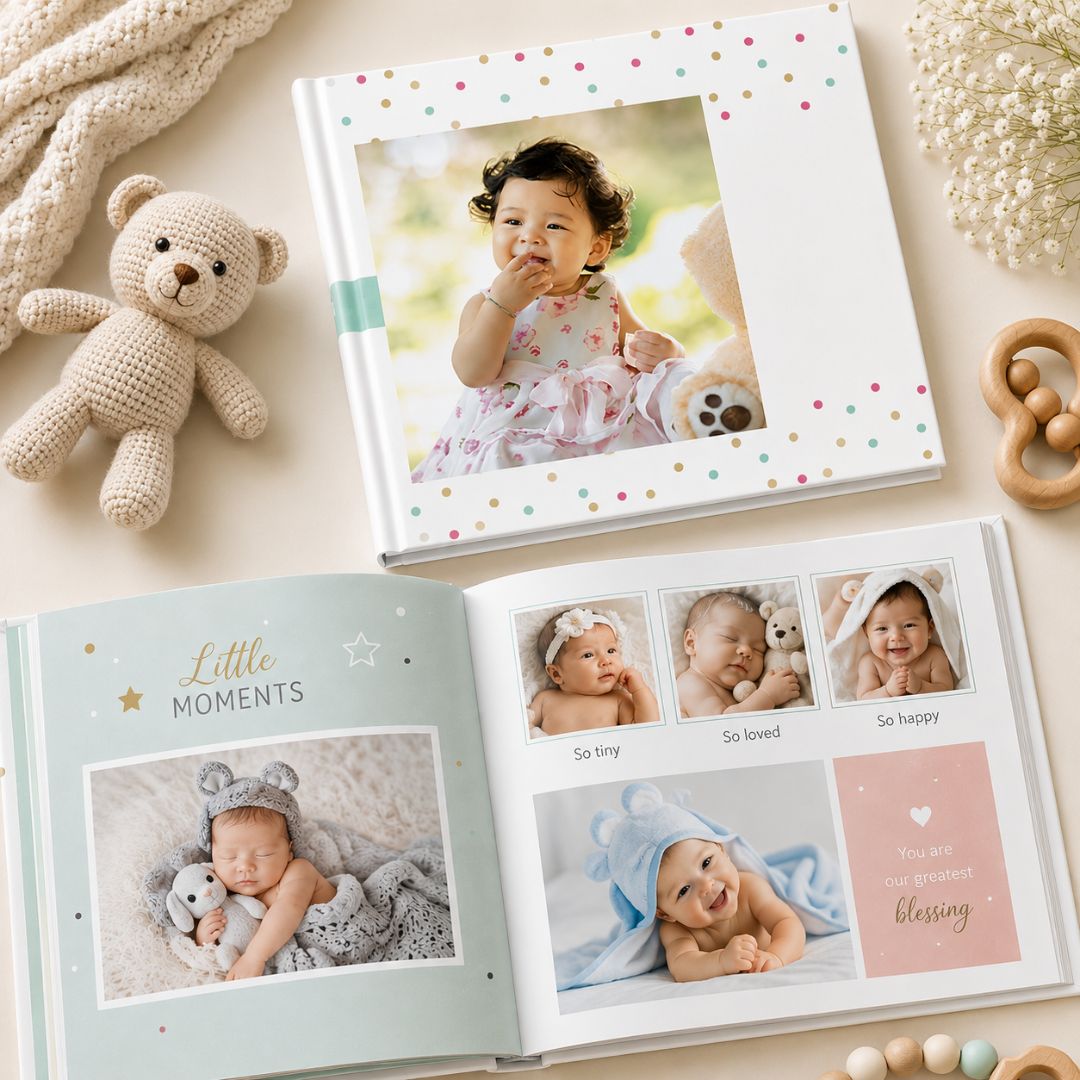 Baby's photo album with birthday theme, a delightful baby shower gift idea