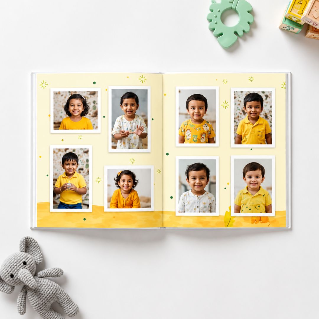 Photo album of baby pictures, an excellent baby shower gift idea, on blue