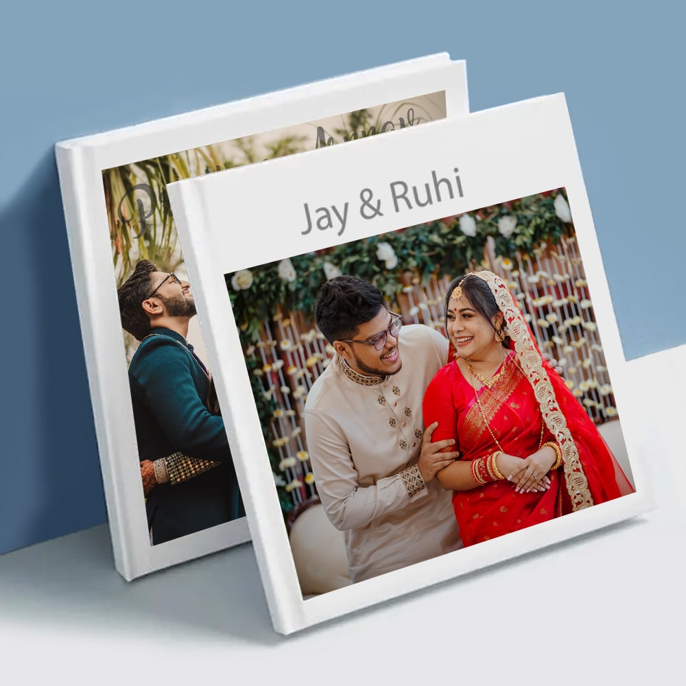 Personalized wedding album for couple.