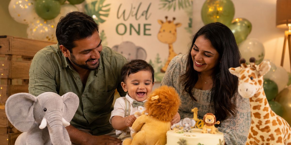 Themed decorations for a baby's 1st birthday celebration