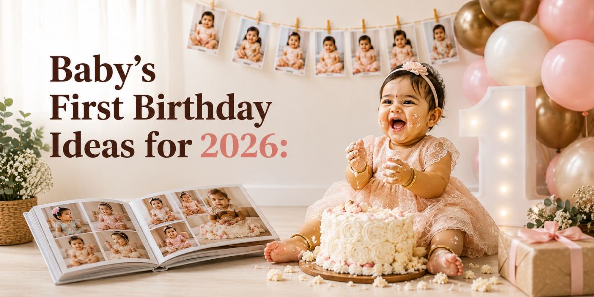 1st birthday celebration ideas with balloons and a cake at home