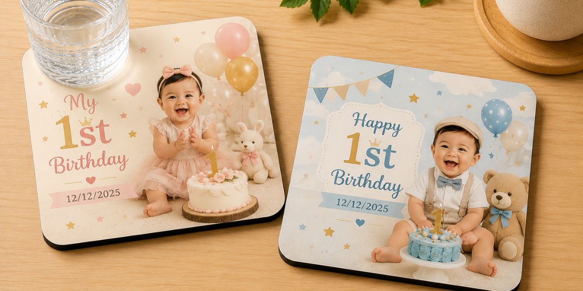Custom photo coasters set first birthday return gift for guests