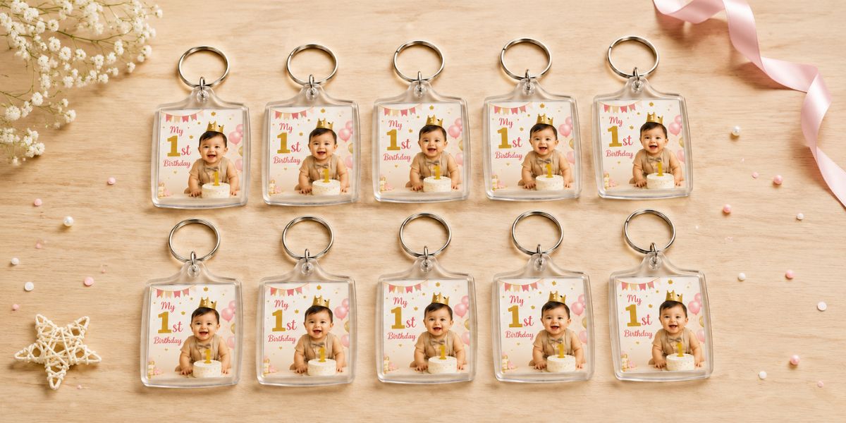 Bulk photo keychains affordable 1st birthday return gift