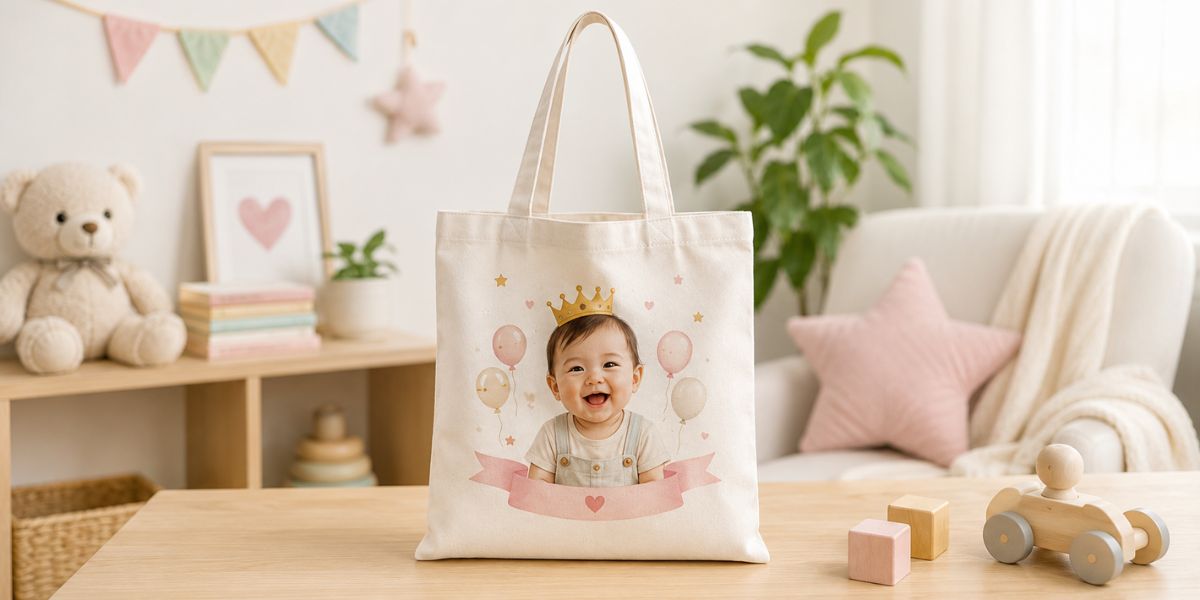Custom photo tote bag 1st birthday return gift idea for girl