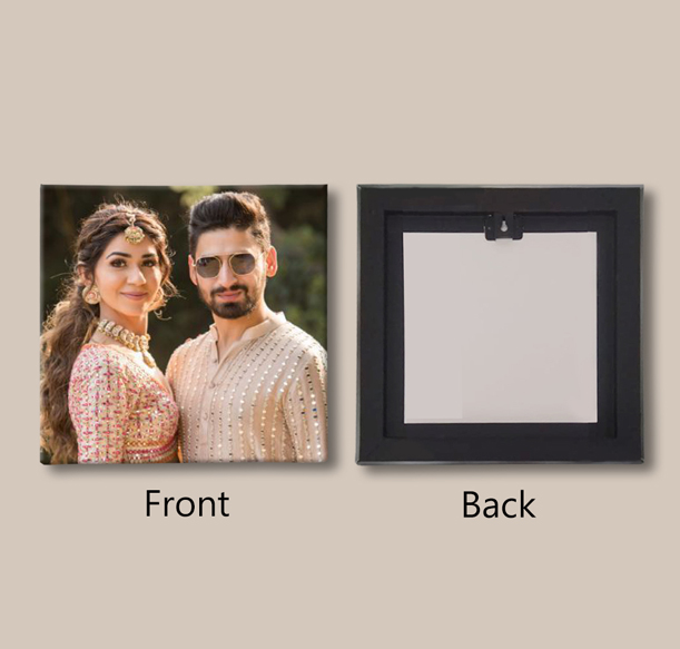 Canvas photo frame showing both front and back views. The front displays a beautiful couple's portrait, while the back showcases the frame's design with a hook for easy hanging