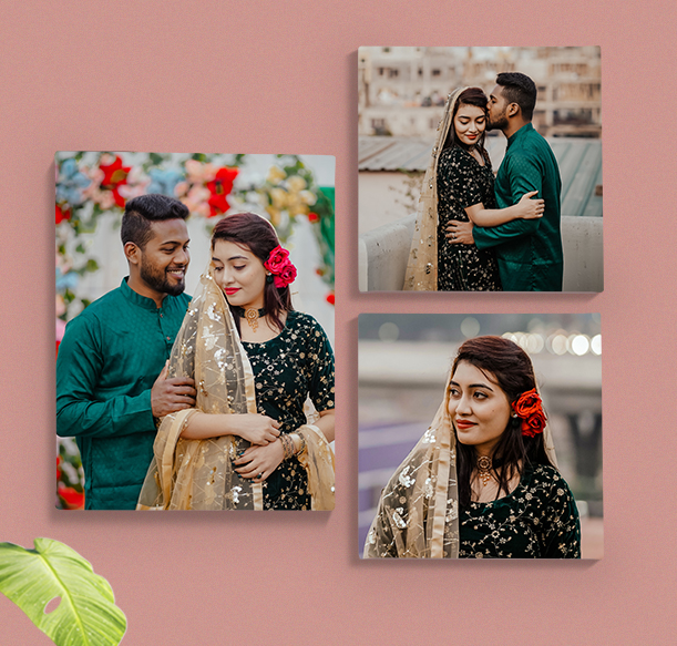 A collection of framed photos featuring a couple in traditional attire, captured in intimate moments. The frames showcase vibrant, romantic portraits, perfect for decorating homes and celebrating love.