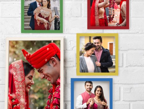 Collection of colorful wedding photo frames in red, yellow, green, blue, and white, showcasing beautiful wedding moments.