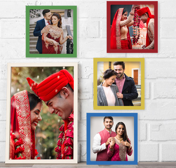 Collection of colorful wedding photo frames in red, yellow, green, blue, and white, showcasing beautiful wedding moments.