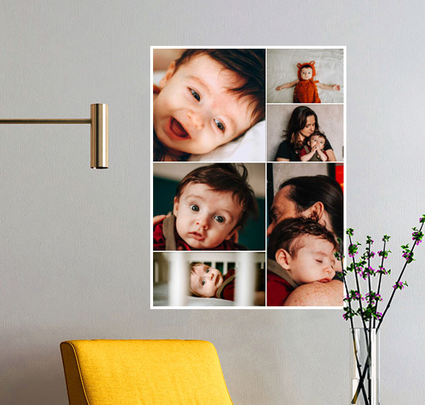 Collage of adorable baby moments displayed on a wall, featuring six heartwarming photos of a baby and their parent. The frame captures precious milestones, perfect for family memories