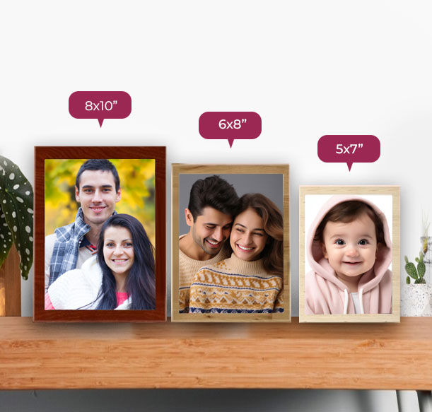 Classic photo frames in three sizes: 8x10”, 6x8”, and 5x7”, showcasing beautiful family and baby portraits. Perfect for adding warmth and memories to your home decor