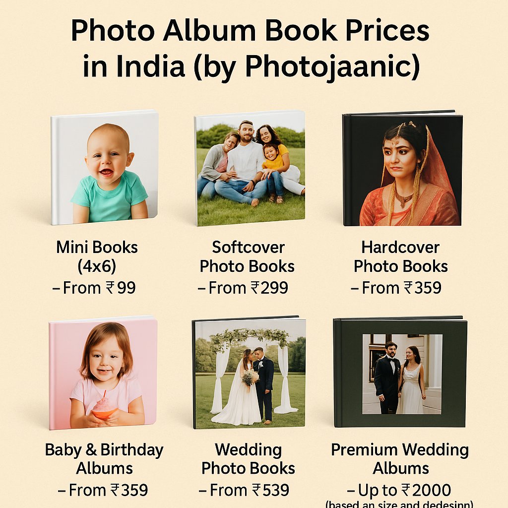 Photo album book prices in India starting from ₹99 – Mini books, softcover, hardcover, and wedding photo books by Photojaanic
