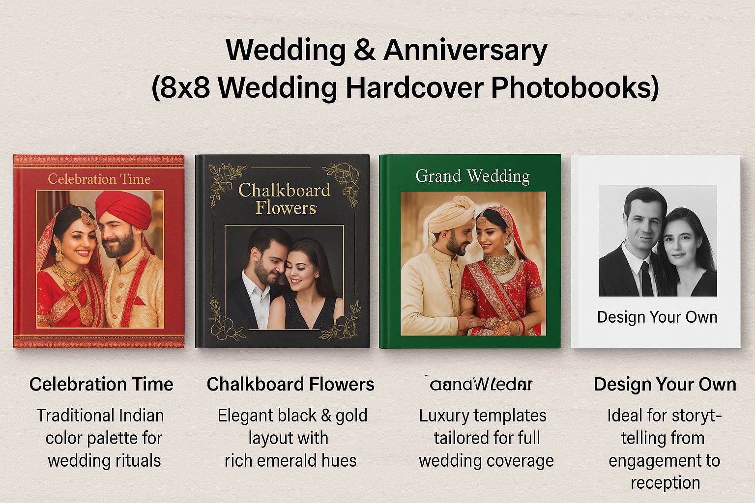 Wedding photo albums in India – Celebration Time, Chalkboard Flowers, Grand Wedding, and custom design photo book themes