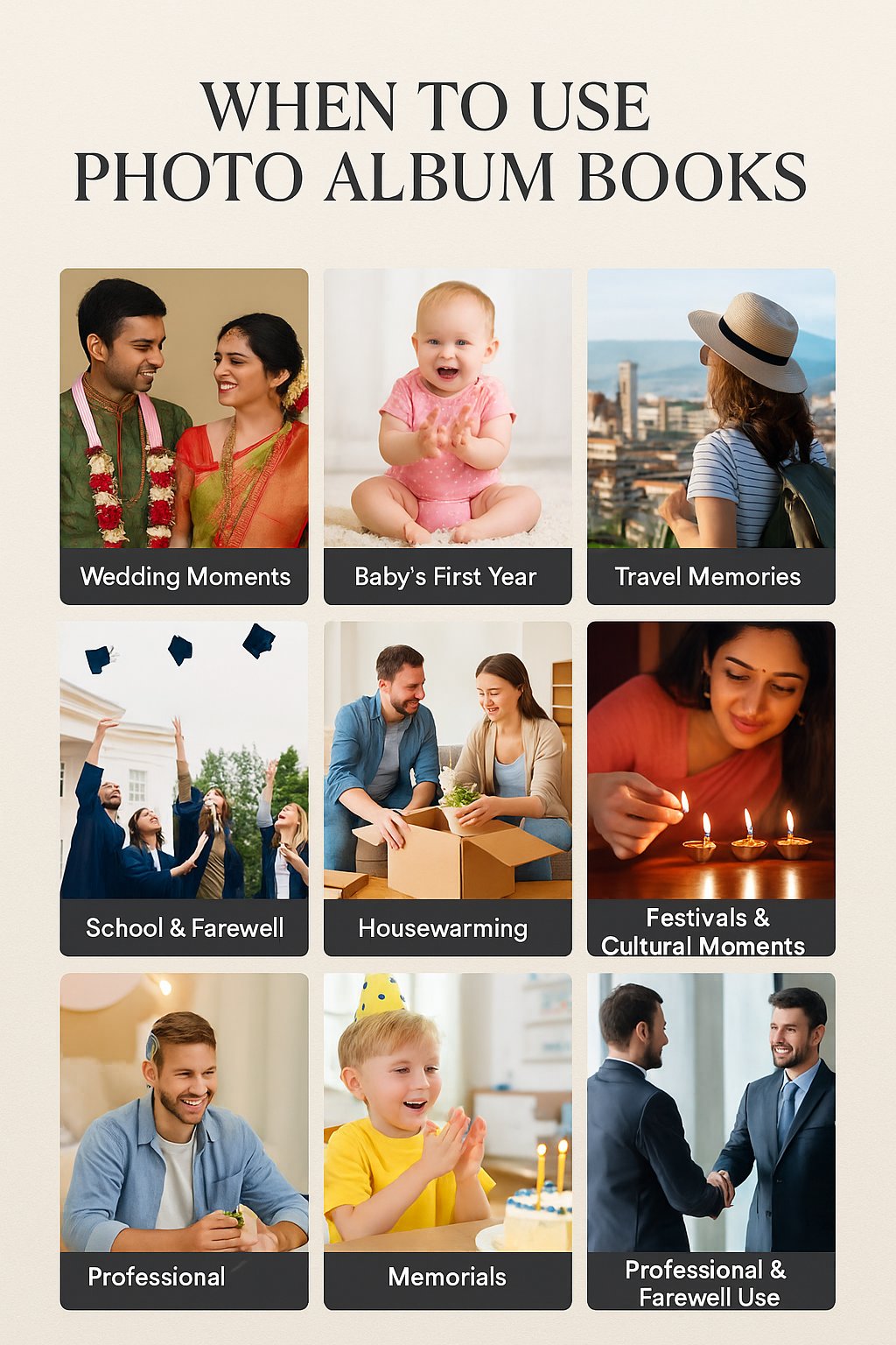 Use photo books for weddings, baby’s first year, travel memories, school farewells, housewarmings, festivals, memorials, and professional gifts