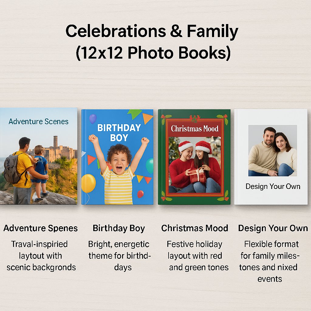 12x12 family photo book themes – Adventure Scenes, Birthday Boy, Christmas Mood, and customizable design albums