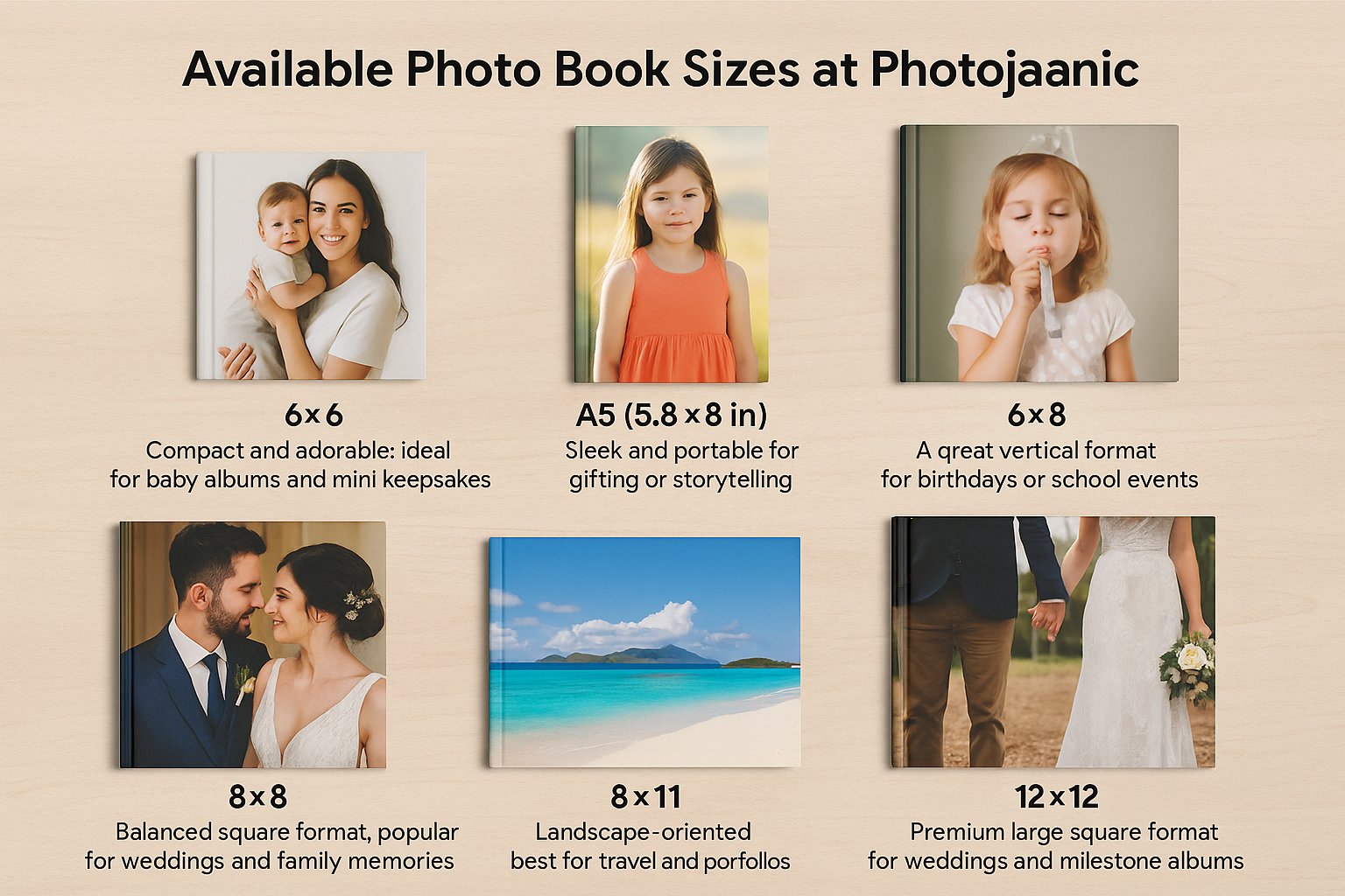 Available photo book sizes in India – 6x6, 6x8, A5, 8x8, 8x11, and 12x12 for weddings, travel, school, and baby albums