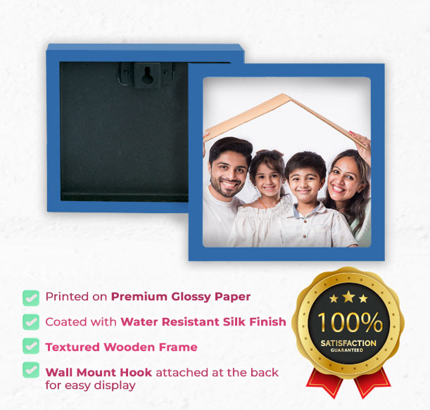 Blue color photo frame with an Indian family photo, highlighting premium features like water-resistant finish, wooden frame, and easy wall mount for quality display.