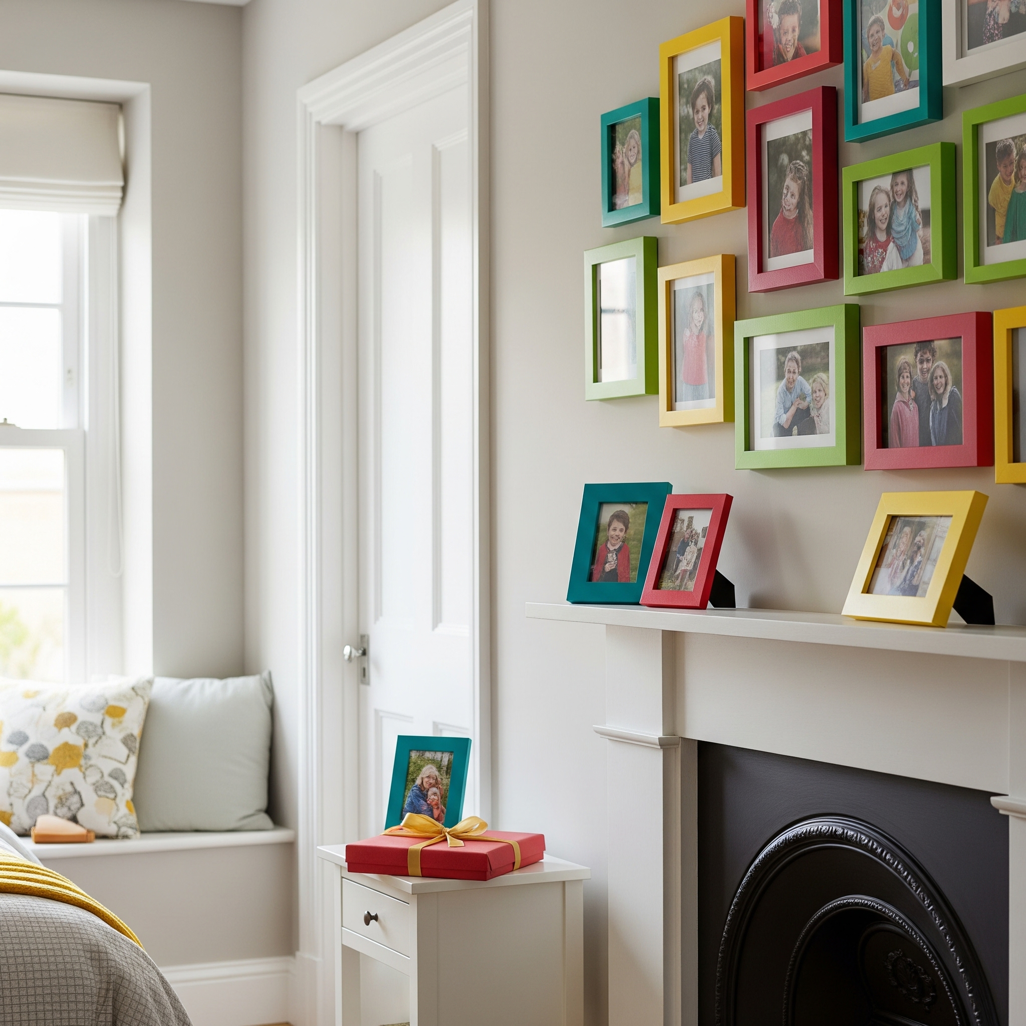 Custom color photo frames in red, green, yellow, and blue for gallery wall decor