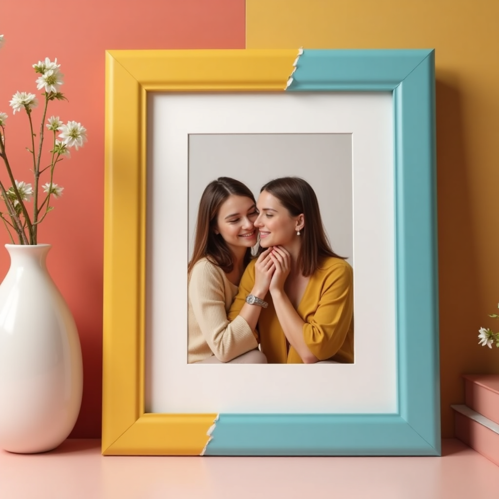 Close-up of a stylish yellow and teal color-block photo frame featuring a joyful photo of two wome