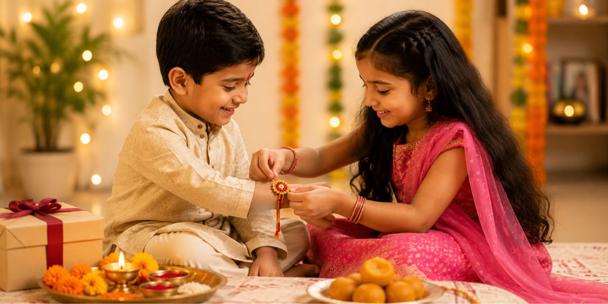 Sister tying rakhi on brother's wrist during Raksha Bandhan
