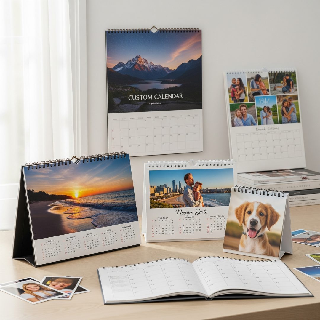 Personalized 2026 photo calendar showcasing diverse family portraits and vibrant event photos, ideal for photographers and event planners