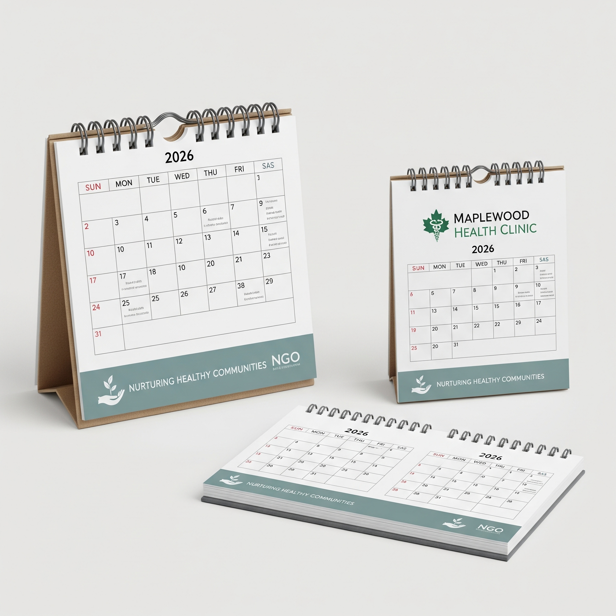 Small, practical 2026 desk calendar with an NGO mission statement or a doctor's clinic branding, emphasizing everyday utility.