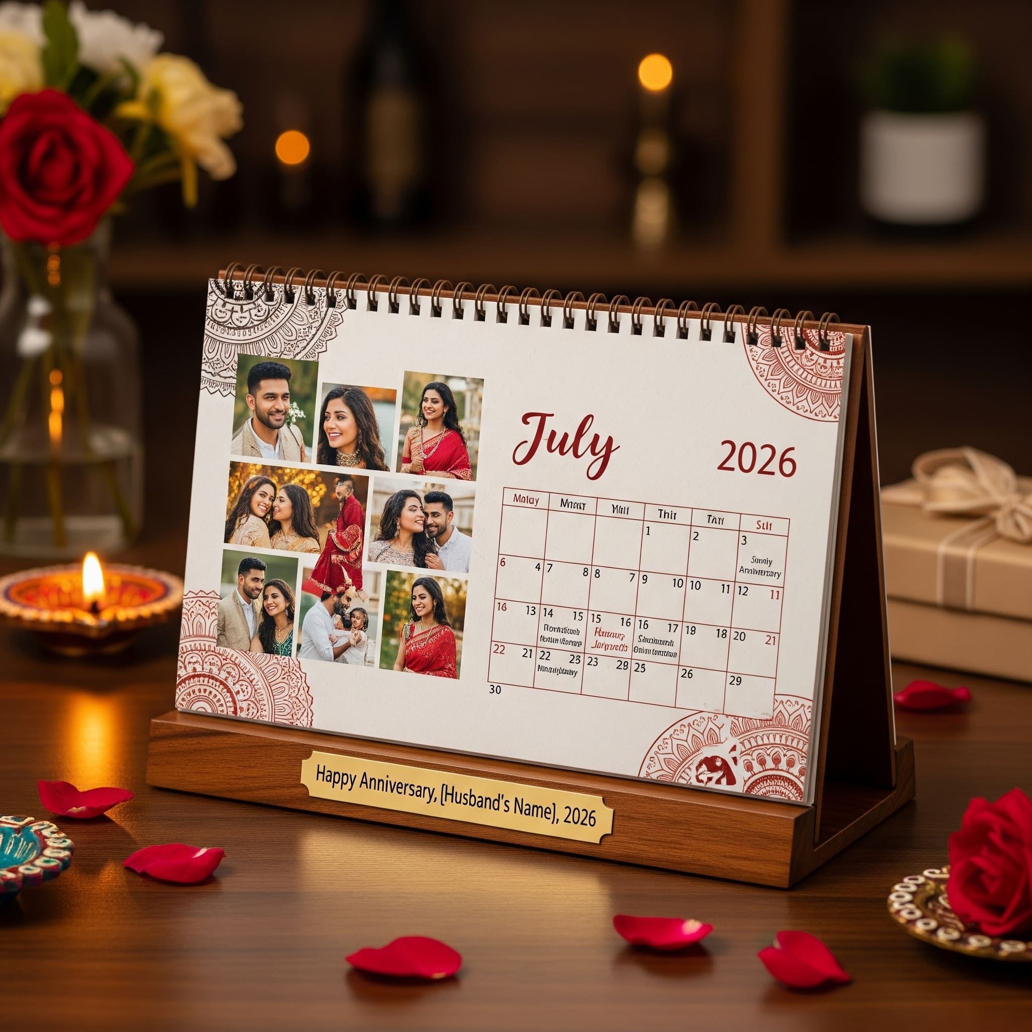 A personalized desktop calendar for 2026 with a photo collage and inscription.