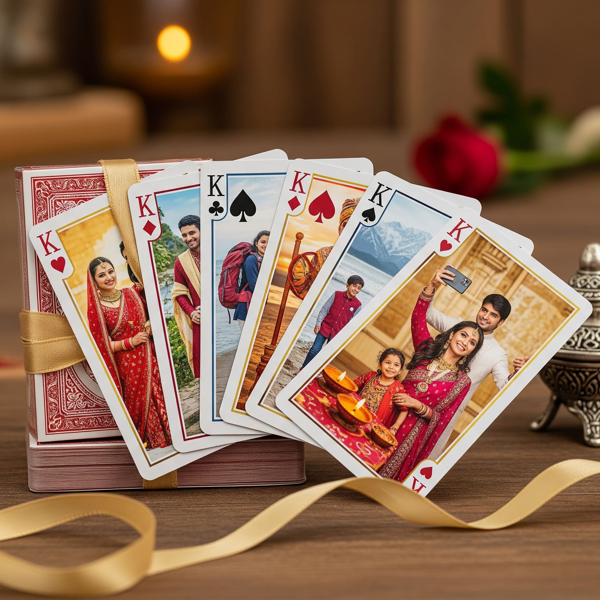 Personalized playing cards showing an Indian couple's photos, tied with a ribbon.