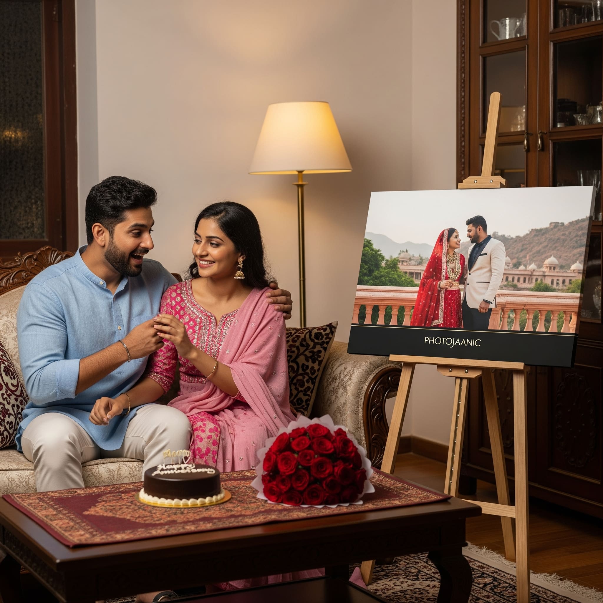 A canvas print of an Indian couple with the text "Our Journey of Love