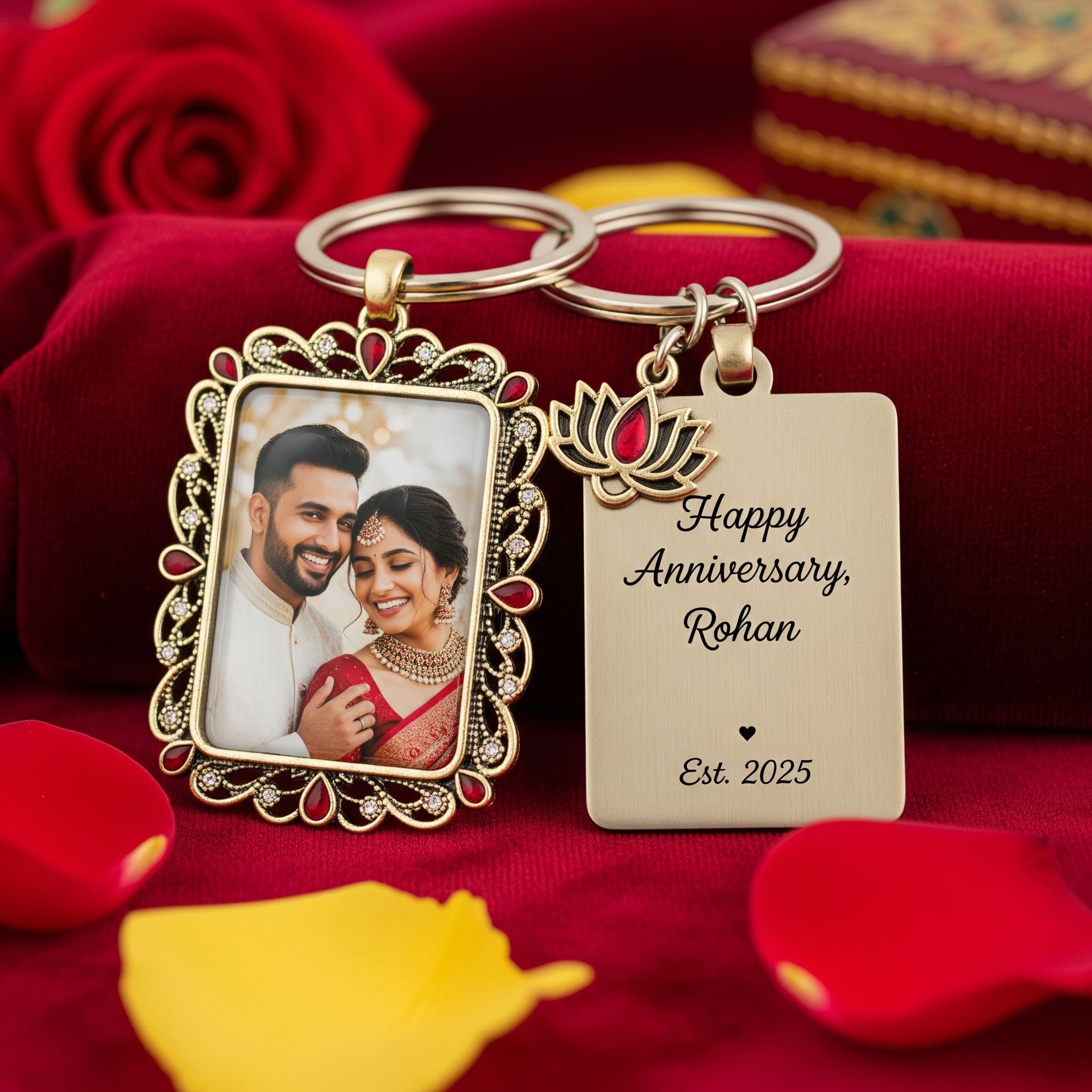 A keychain with a photo of an Indian couple and the engraved year "2025."