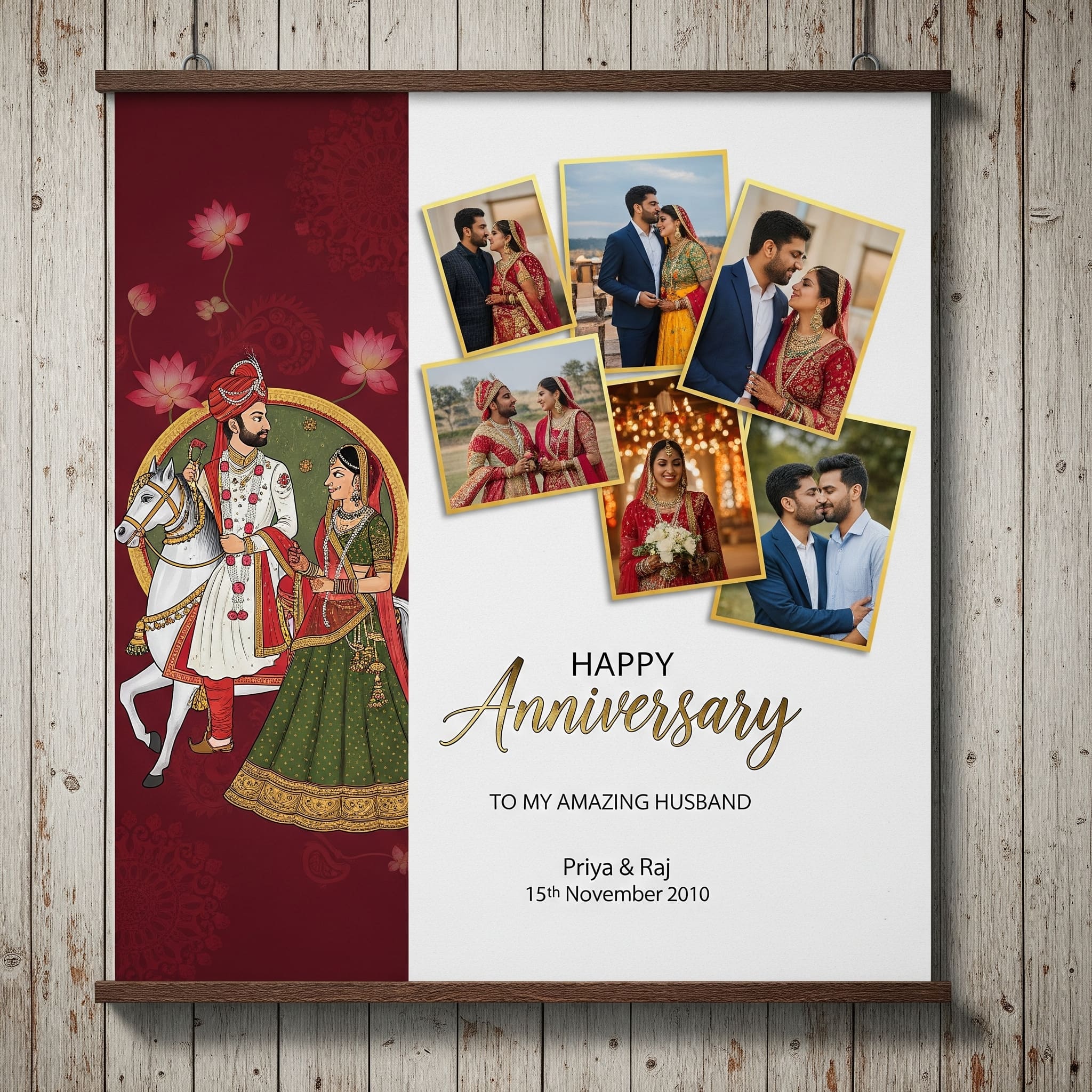 A wall hanging poster with a wedding illustration and a photo collage of a couple.