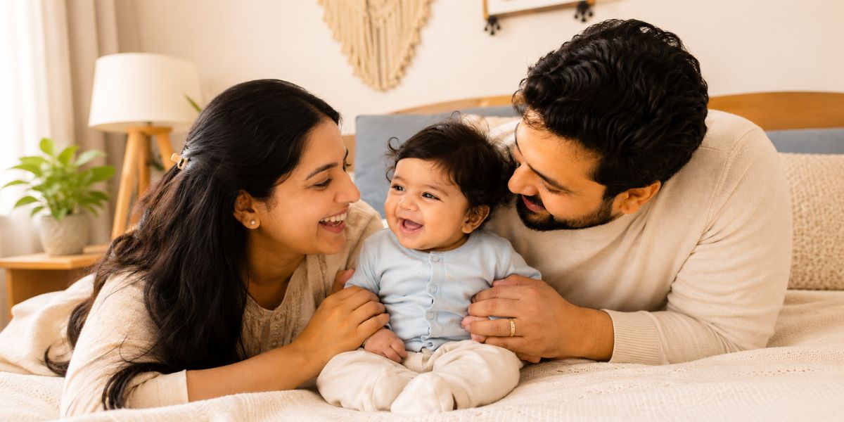 Candid family moment during 6 month baby photoshoot at home