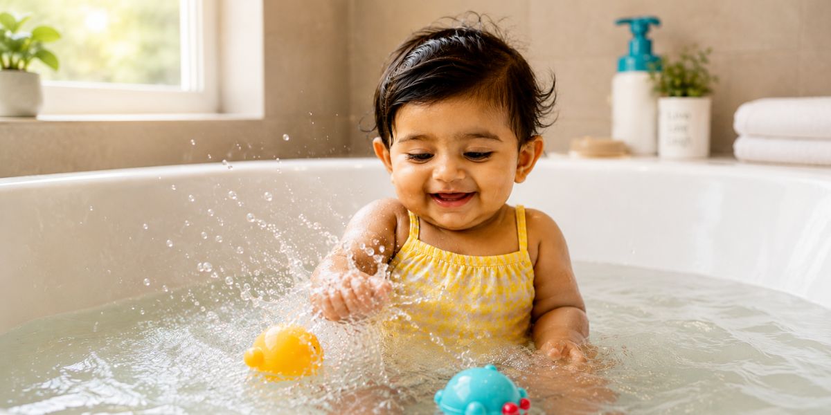 6 month baby bathtub photoshoot idea at home with bath toys